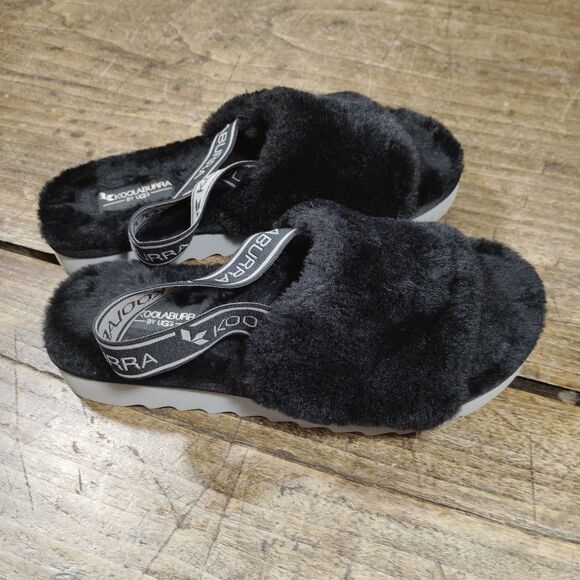 UGG Fluff Sz 6 Slippers Black Slides Faux Fur Shoes Sling Back Open Toe - Picture 3 of 6
